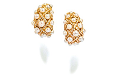 Lot 195 - A pair of cultured pearl and diamond...