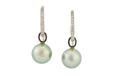 Lot 124 - A pair of cultured pearl and diamond earrings,...