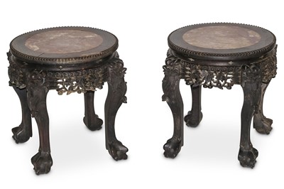 Lot 434 - TWO CHINESE WOOD STANDS WITH MARBLE TOPS. Late...