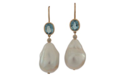 Lot 134 - A pair of aquamarine, diamond and cultured...