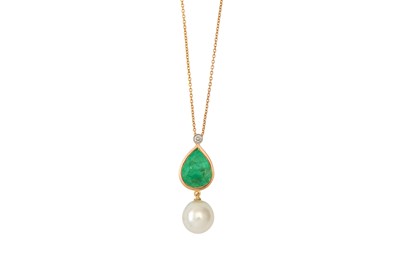 Lot 119 - An emerald, diamond and cultured pearl pendant...