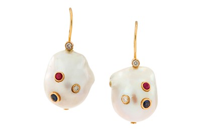 Lot 122 - A pair of baroque cultured pearl and gem-set...