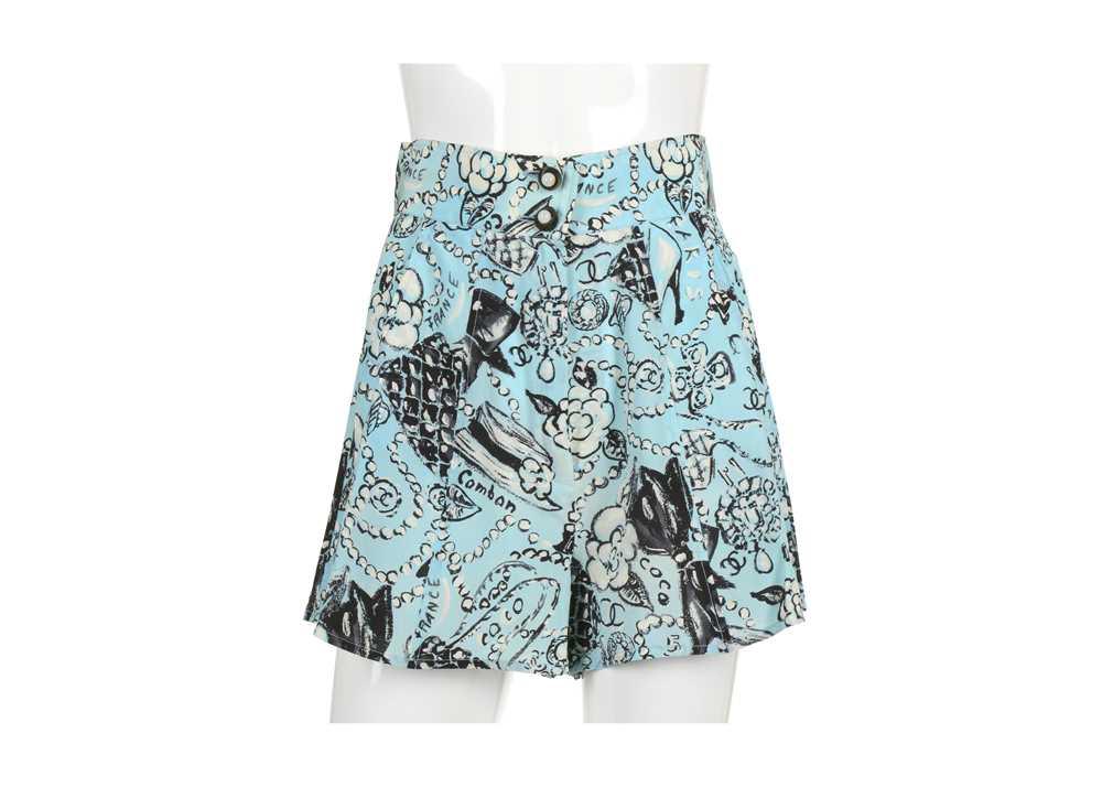 Lot 44 - Chanel Blue Printed Silk Shorts, c. 1993, high...