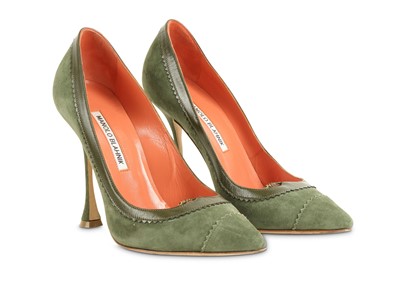 Lot 464 - Manolo Blahnik Green High Heeled Court Shoes,...