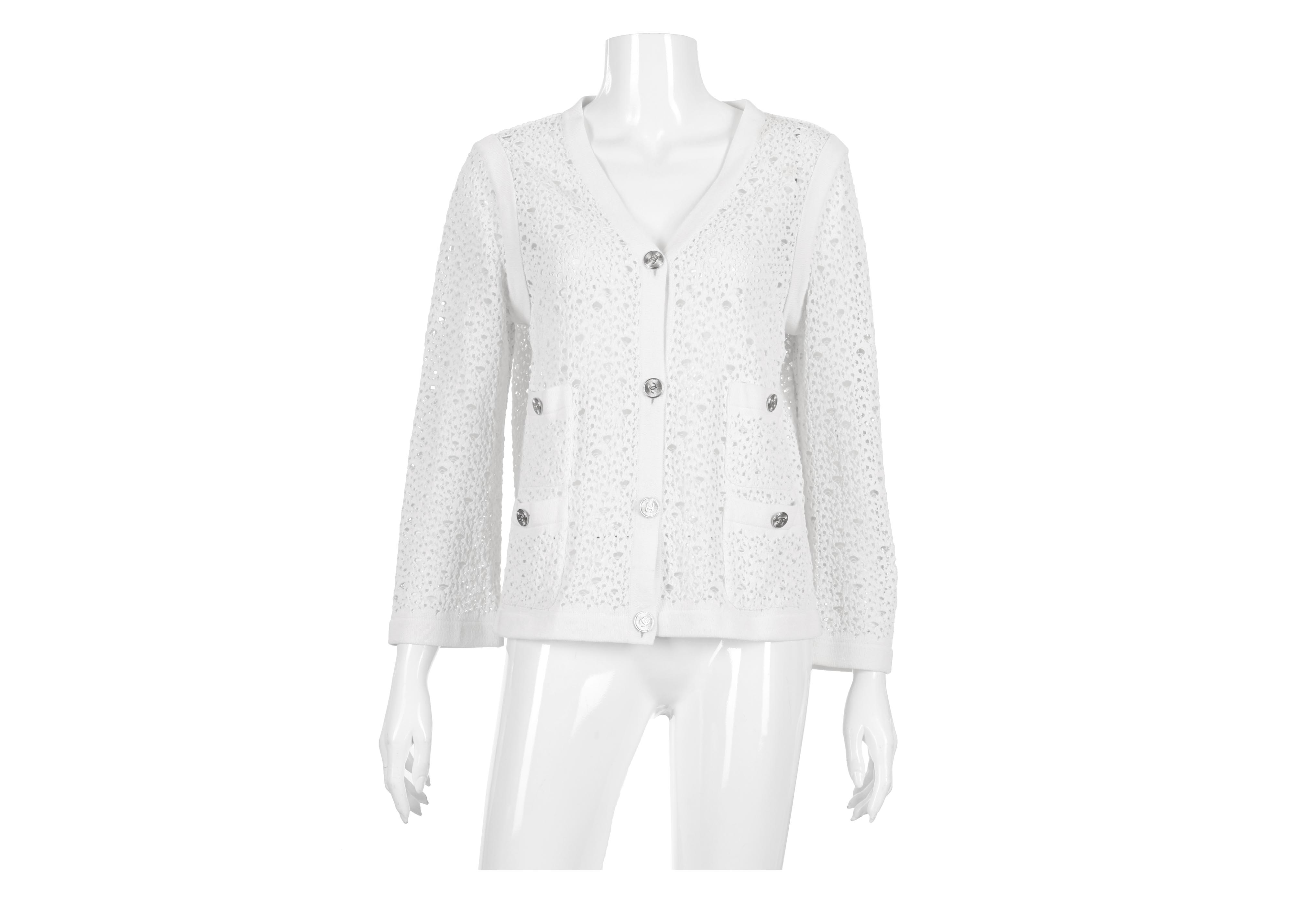 Chanel white crochet knit cropped cardigan 34 at Jill's Consignment