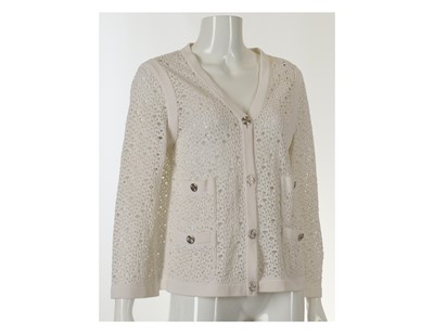 Lot 298 - Chanel White Crochet Cardigan, silver metal CC...
