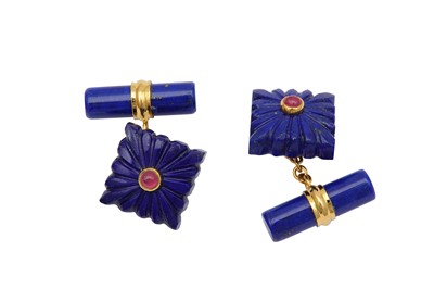 Lot 112 - A pair of lapis lazuli and ruby cufflinks Each...