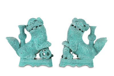 Lot 50 - A PAIR OF CHINESE ROBIN'S EGG GLAZED LION DOG...