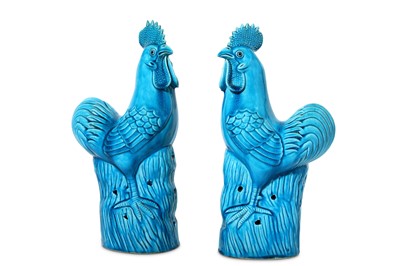 Lot 58 - A PAIR OF CHINESE TURQUOISE-GLAZED COCKERELS....