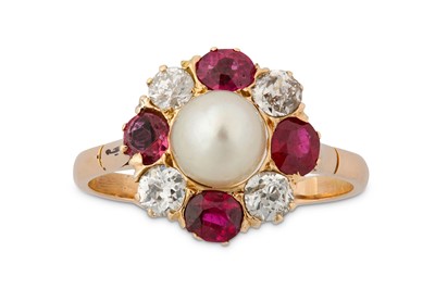 Lot 161 - A ruby, diamond and natural pearl ring The...