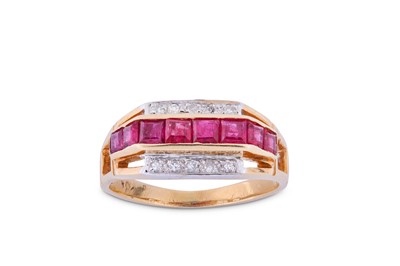 Lot 163 - A ruby and diamond ring Centred by a row of...