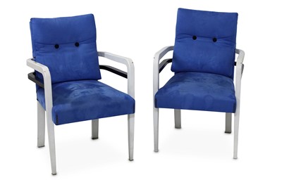 Lot 706 - A pair of open armchairs, upholstered in blue,...