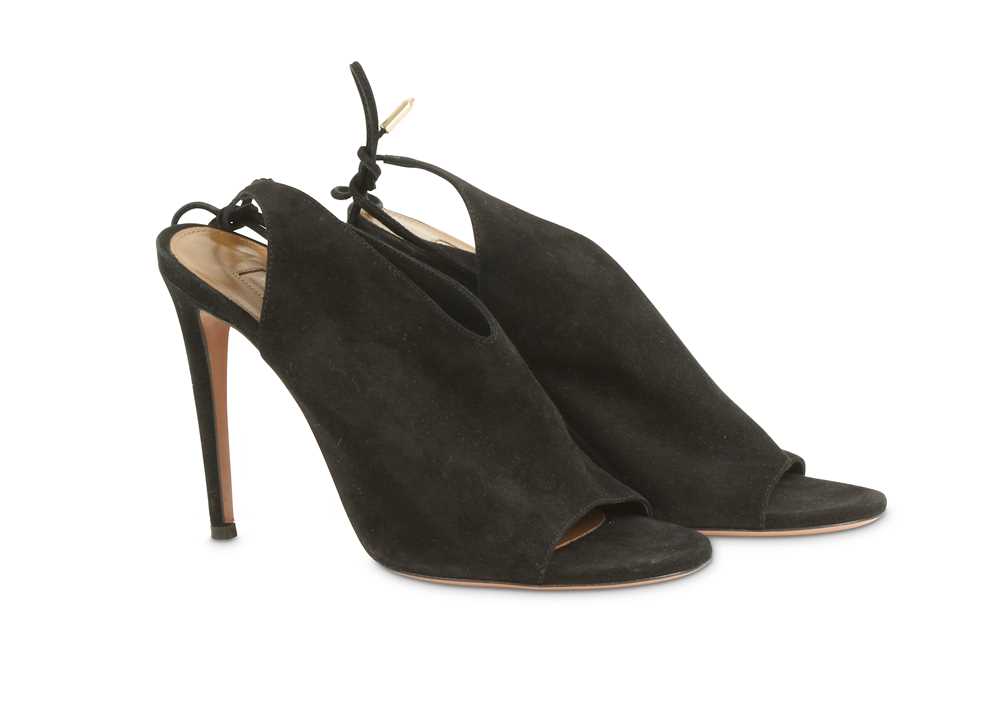 Lot 450 - Aquazzura Black Suede Heels, peep toe design...