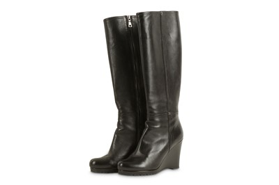 Lot 451 - Prada Black Leather Wedge Boots, almond toe...