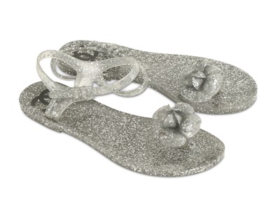 Lot 456 - Chanel Silver Glitter Camellia Jelly Sandals,...