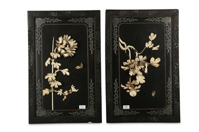 Lot 553 - Two pairs of Japanese panels with ivory mounts,...