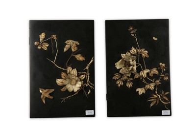 Lot 553 - Two pairs of Japanese panels with ivory mounts,...