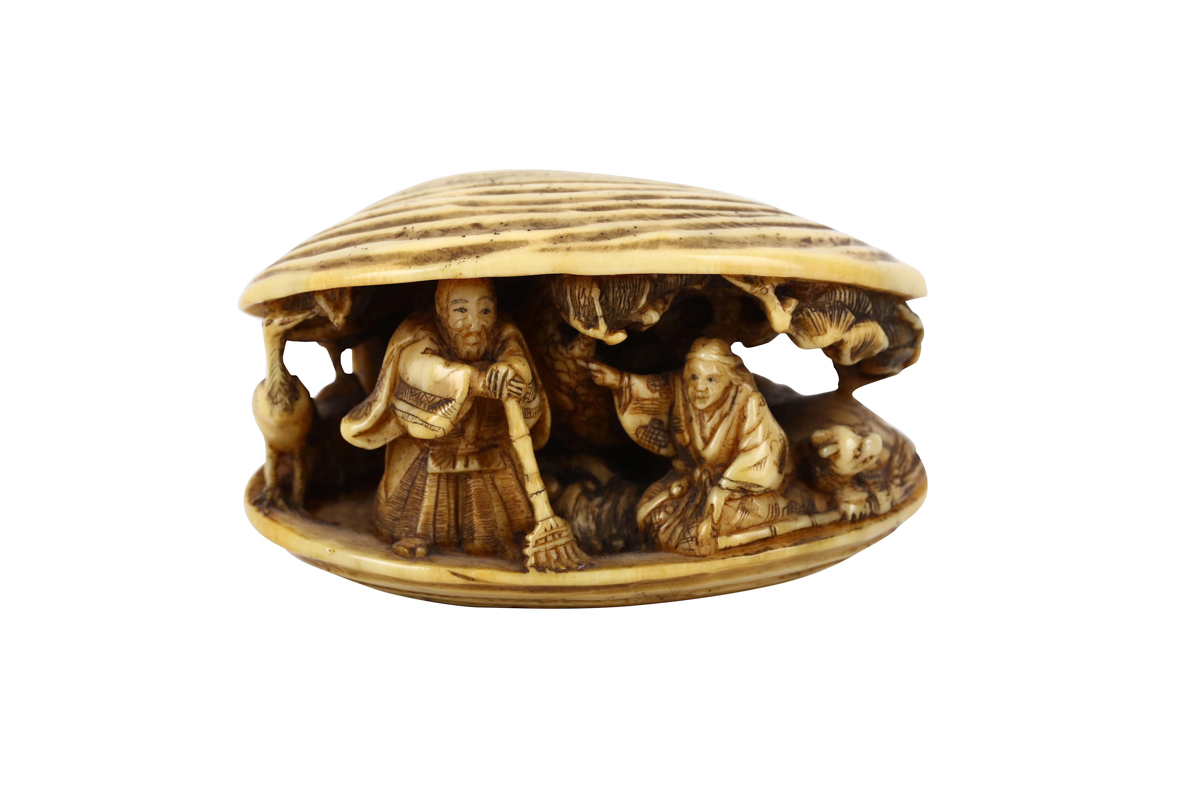 Lot 177 - A JAPANESE IVORY NETSUKE OF THE CLAM’S DREAM.