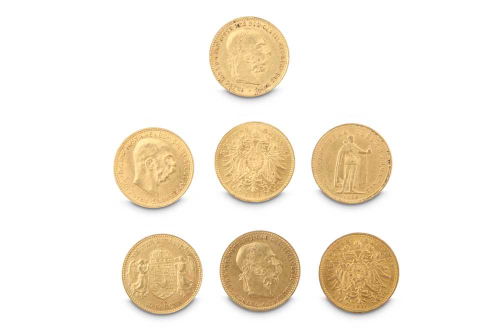 Lot 402 - Seven Hungarian 10 Korona gold coins, dated...