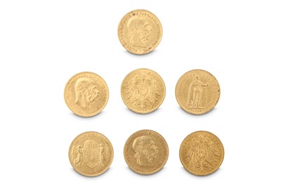 Lot 402A - Seven Hungarian 10 Korona gold coins, dated...