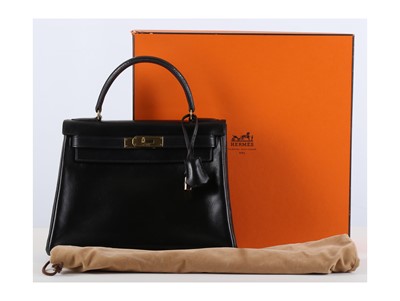Lot 243 - Hermes Black Kelly Retourne 28, c. 1955, Box...