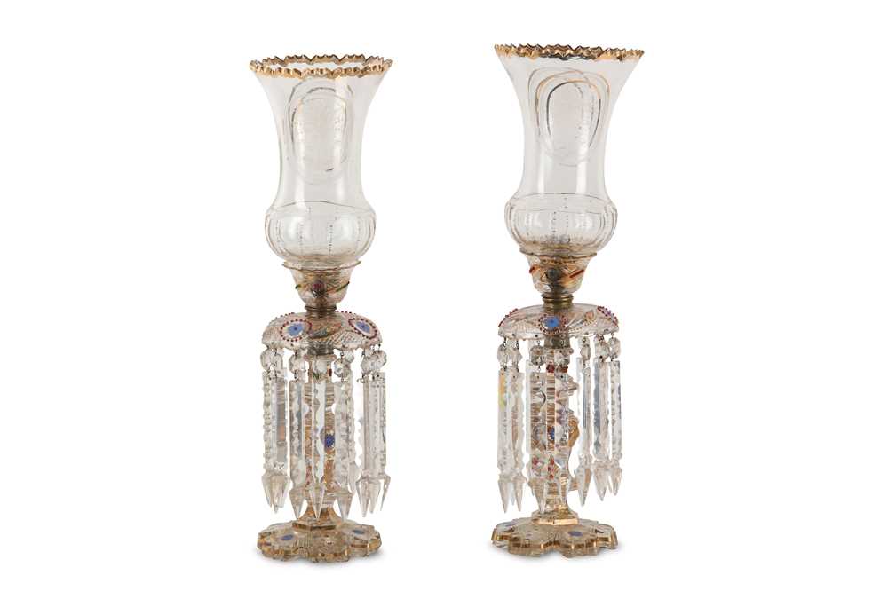 Lot 35 - A GOOD PAIR OF BOHEMIAN GLASS TABLE LUSTRES.