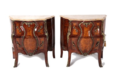 Lot 760 - A pair of French style parquetry inlaid bombe...