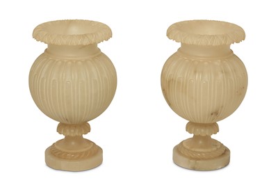 Lot 34 - A PAIR OF ITALIAN ALABASTER URNS. Late...