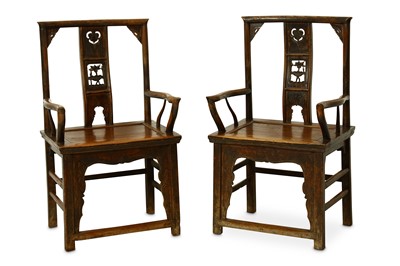 Lot 104 - A PAIR OF CHINESE ELM ARM CHAIRS. Qing dynasty,...