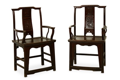 Lot 103 - A PAIR OF CHINESE HARDWOOD ARM CHAIRS. Qing...