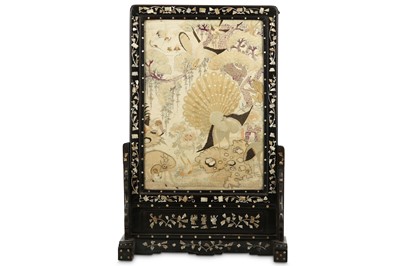 Lot 1 - A CHINESE EMBROIDERED 'HUNDRED BIRDS' TABLE...