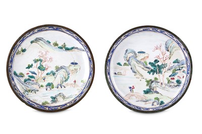 Lot 33 - A PAIR OF CHINESE CANTON ENAMEL 'LANDSCAPE'...