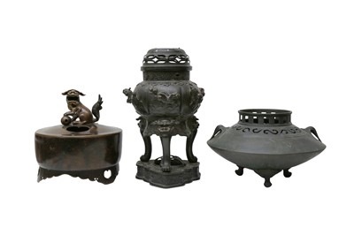 Lot 1031 - THREE JAPANESE BRONZE INCENSE BURNERS AND TWO COVERS