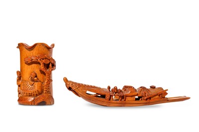 Lot 383 - A CHINESE CARVED WOOD BRUSH POT, BITONG AND A...