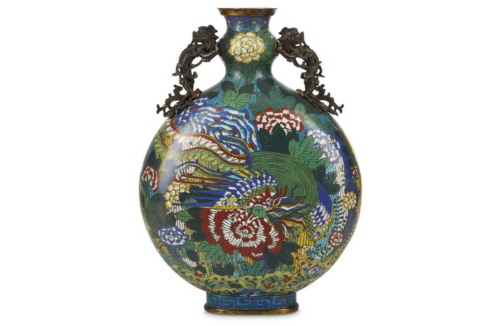 Lot 210 - A CHINESE CLOISONNE ENAMEL 'PHOENIX' MOON...