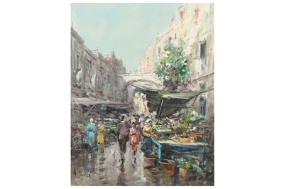 Lot 218 - M TONELLI (20TH CENTURY ITALIAN)  A market,...