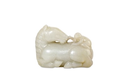 Lot 341 - A CHINESE PALE CELADON JADE 'MONKEY AND HORSE'...