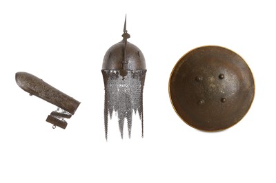 Lot 275 - A SET OF A QAJAR HELMET (KHULA KHUD), SHIELD...