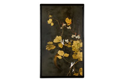 Lot 146 - A JAPANESE LACQUER AND METAL INLAID PANEL....