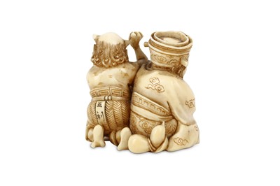 Lot 179 - A JAPANESE IVORY NETSUKE OF SHOKI AND DEMON....