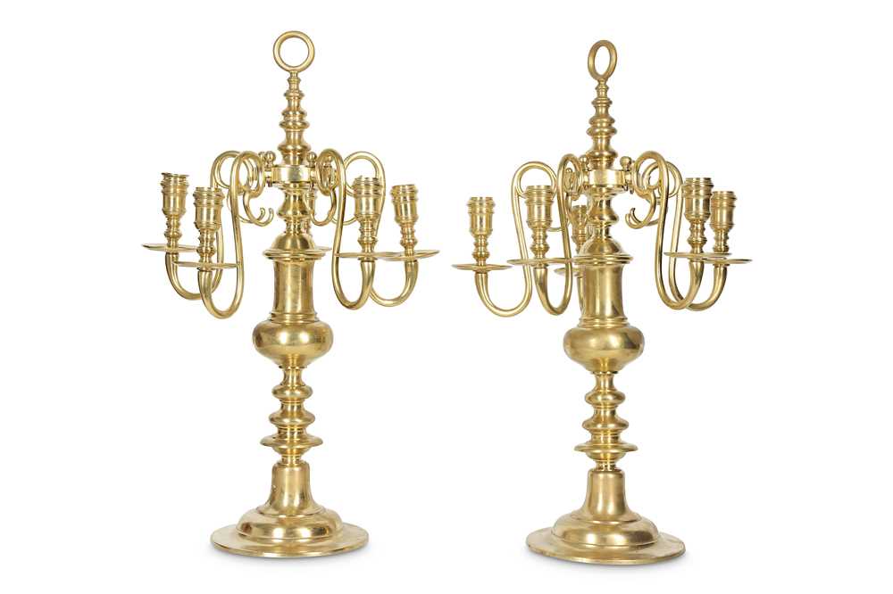 Lot 127 - A PAIR OF 17TH CENTURY STYLE BRASS FIVE LIGHT...