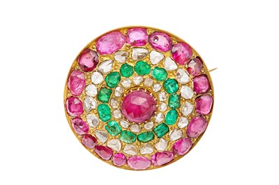 Lot 45 - A ruby, emerald and diamond brooch Set to...