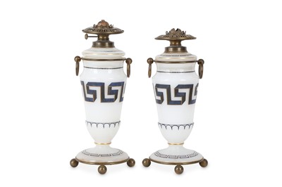 Lot 108 - A pair of late 19th Century opaline glass oil...