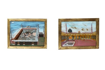 Lot 67 - TWO REVERSE GLASS PAINTINGS OF MECCA AND...