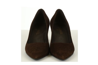 Lot 260 - Chanel Brown Suede Court Shoes, gunmetal CC...