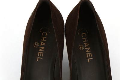 Lot 260 - Chanel Brown Suede Court Shoes, gunmetal CC...