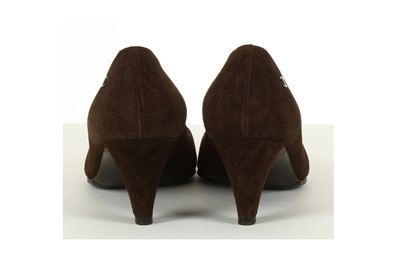 Lot 260 - Chanel Brown Suede Court Shoes, gunmetal CC...