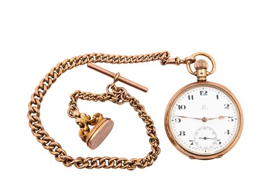 Lot 29 - OMEGA. A 9K ROSE GOLD OPEN-FACE POCKET WATCH...