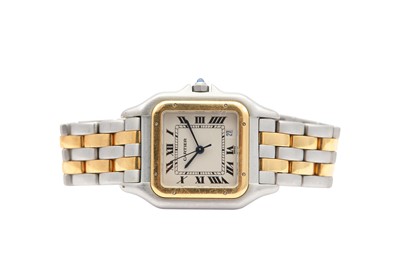Lot 47 - CARTIER. A STAINLESS STEEL AND GOLD LADIES...