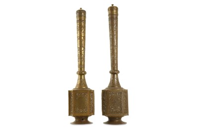 Lot 271 - A PAIR OF PIERCED BRASS CANDLE HOLDERS Iran,...